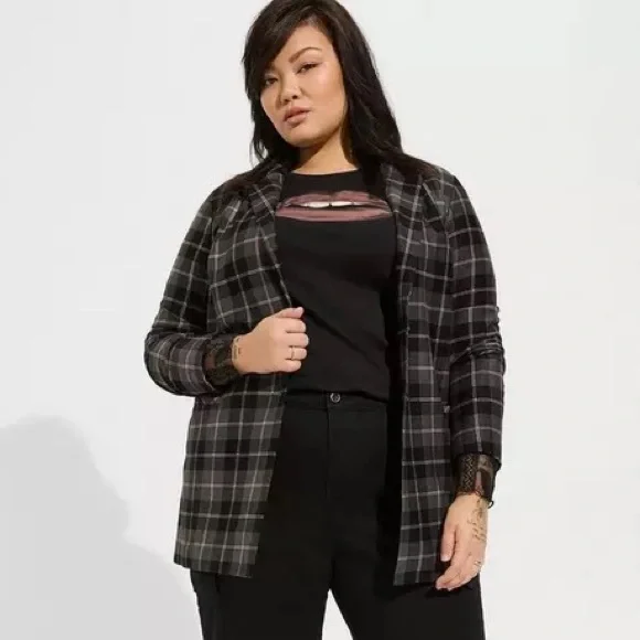 Torrid Lightweight Ponte Longline Plaid Black Gray Blazer Jacket Size 1 - Picture 1 of 7